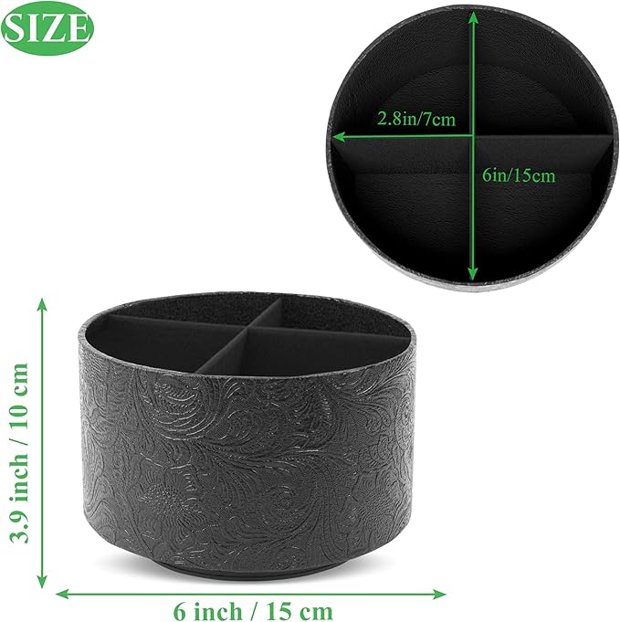 lizimandu Round Leather Art Supply Organizer,Remote Control Holder,360 Degree Spinning,Multi-Functional Pencil Holder,4 Compartments Desktop Stationary Organizer(1-Black2)