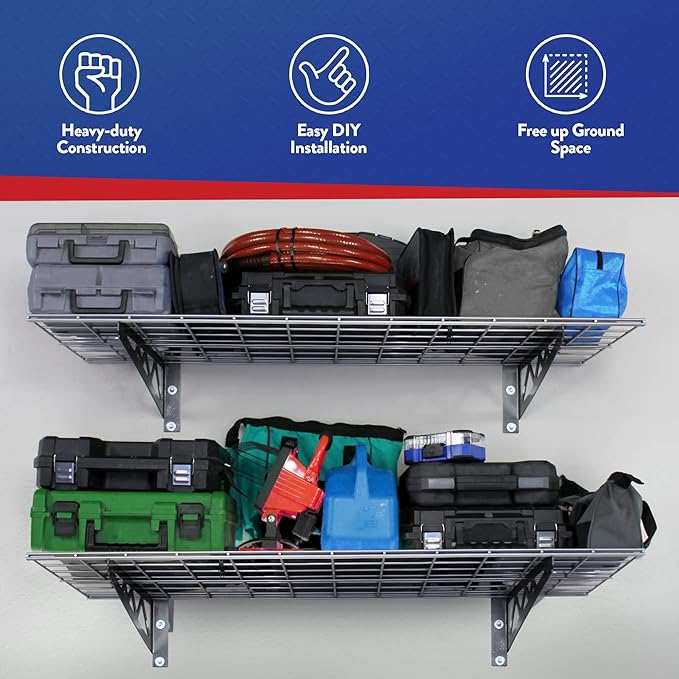SafeRacks Garage Wall Shelves - 2-Pack 24"x48" Mountable Shelving Units for The Garage, Pantry or Utility Closet, Heavy Duty Steel Shelf with Bike Accessory Hooks, 500lb Capacity, Color: Hammertone