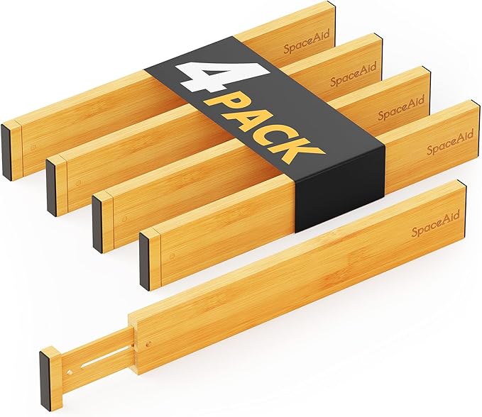 SpaceAid 4 Pack Bamboo Drawer Dividers with Labels, Kitchen Adjustable Drawer Organizers, Expandable Organization for Home Clothes Dressers (17-22 in, Natural)