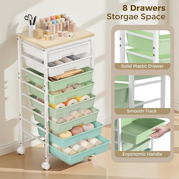 Rolling Cart with 8 Drawers, Plastic Drawer Storage Carts with Wheels & Wooden Tabletop, Metal Utility Cart Organizer for Bedroom Living Room Office Classroom Craft Organization and Storage, Green