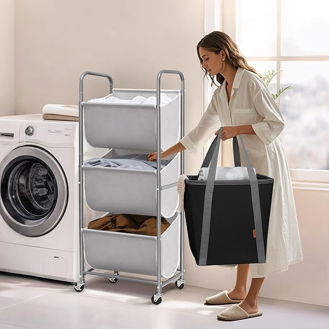 STORAGE MANIAC 120 Liters Vertical Rolling Laundry Hamper, 3 Section Laundry Sorter with Wheels and 2 Breaks, 3-tier Laundry Baskets for Small Space, Dorm, Laundry Room, Closet, Bathroom, Gray 3-tier