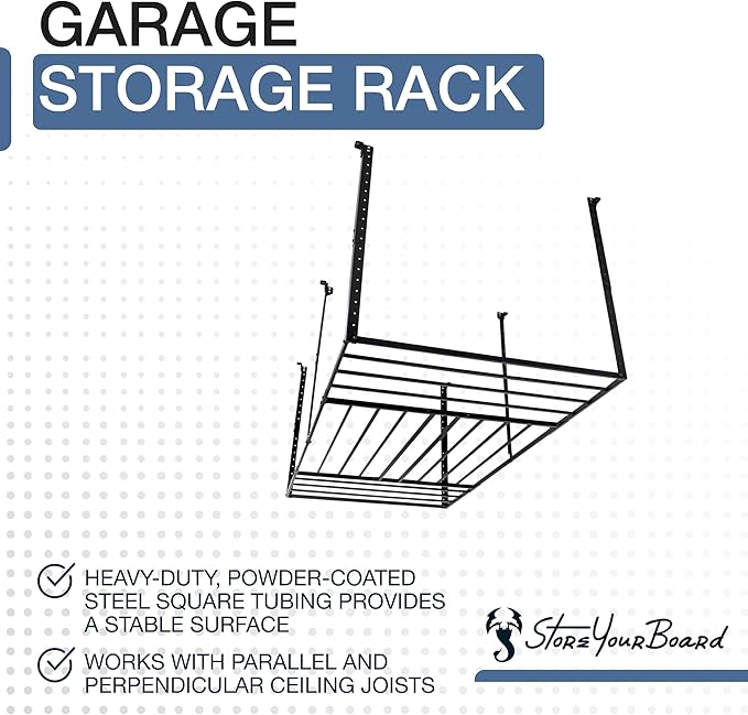 StoreYourBoard 4 x 8 Overhead Garage Storage Rack, Ceiling Shelf Overhead Organization, Heavy Duty Steel Platform Holds 700 lbs, 96 in. x 48 in. x 40 in.