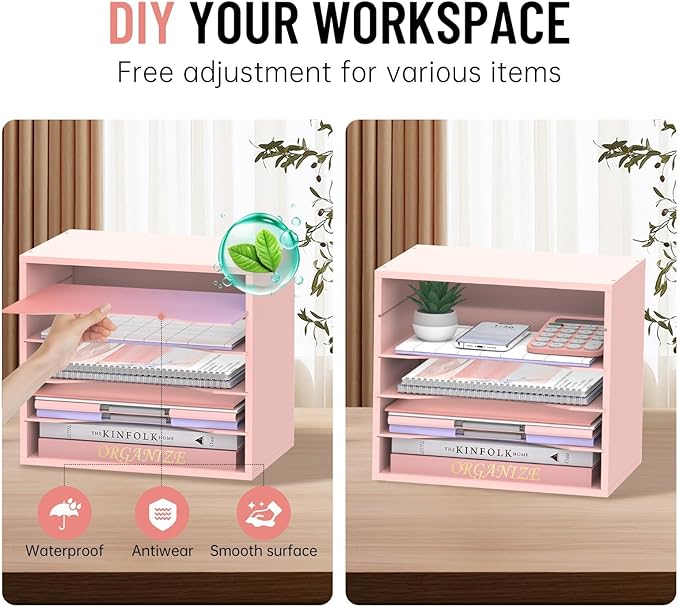 5-Tier Wood Desk Organizer, Paper Tray Organizer for Desk with Adjustable Storage Shelves, Desktop File Organization Paper Sorter Mail Holder for Office Home Classroom, Pink