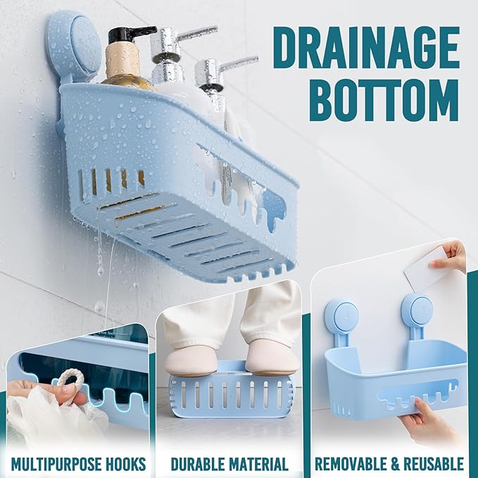 TAILI Shower Caddy Suction Cup 2 Pack, Heavy Duty Bathroom Organizer, Removable Shelves for Inside Shower, Shampoo, Waterproof Suction Plastic Storage for Bathroom Accessories Holder, Blue