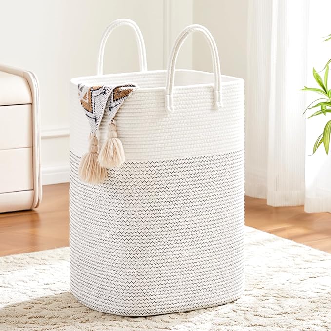 Laundry Basket,Woven Cotton Rope Laundry Hamper,Versatile Storage for Dirty Clothes,Baby Toys,and Blankets in Bathroom, Nursery,and Living Room (White, 100L)