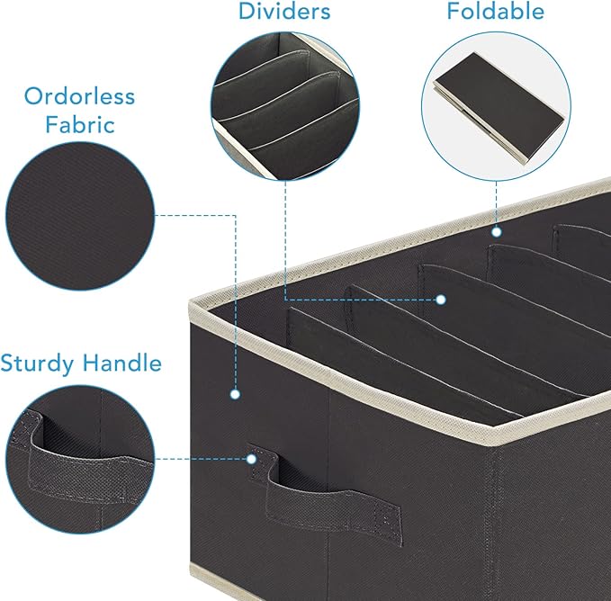 3 Pcs Large Size Wardrobe Clothes Organizers 6 Grids for Pants, Jeans, Sweater, T-shirt, Dress Stackable Closet Drawer Organizer Storage Bin Container with Sturdy Handles, Black