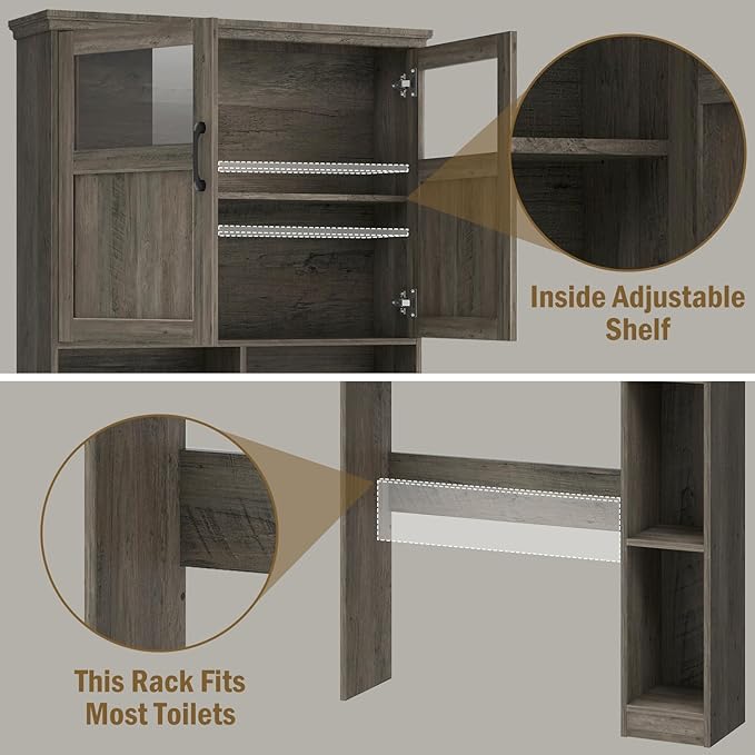 Vabches Over-The-Toilet Storage Cabinet with Double Doors, Toilet Paper Holder Stand & Adjustable Shelf, Freestanding Space Saver, Grey