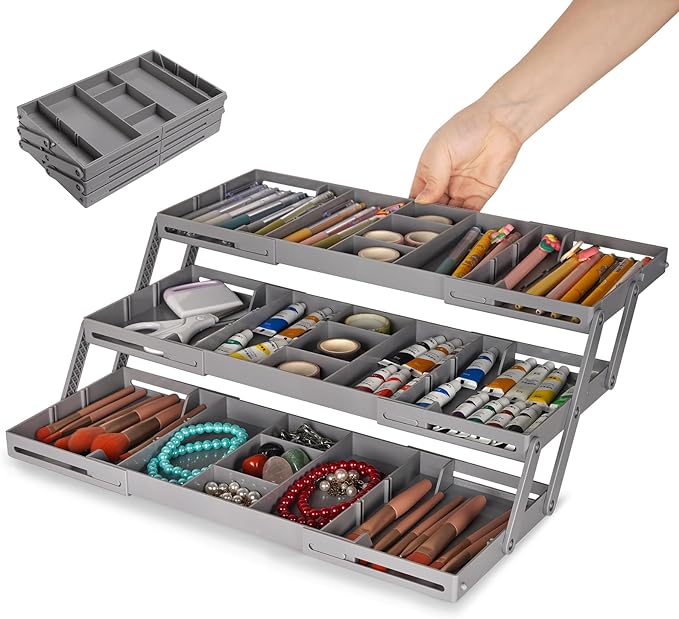 3 Tier Drawer Organizer - Expandable Junk Drawer Organizers Smart Office Supply Organizer, Folding Drawer Storage Multi-level Desk Organizer for Makeup,Jewelry,Cosmetics,Kitchen Storage (1 Row 3 Tier)