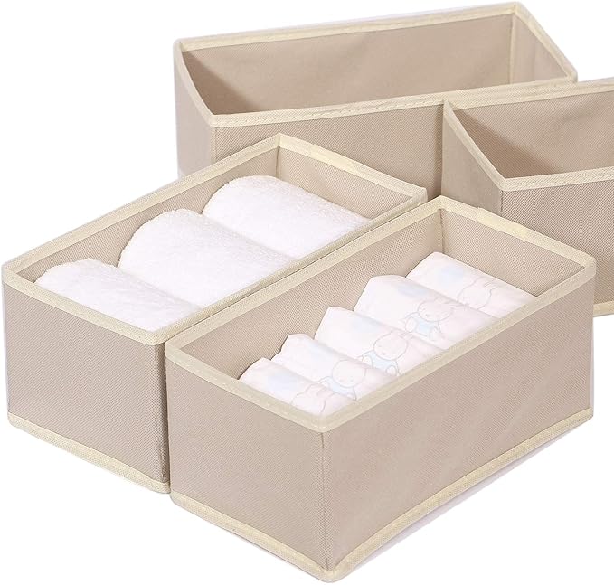 DIOMMELL 6 Pack Foldable Cloth Storage Box Closet Dresser Drawer Organizer Fabric Baskets Bins Containers Divider for Clothes Underwear Bras Socks Lingerie Clothing,Beige 060