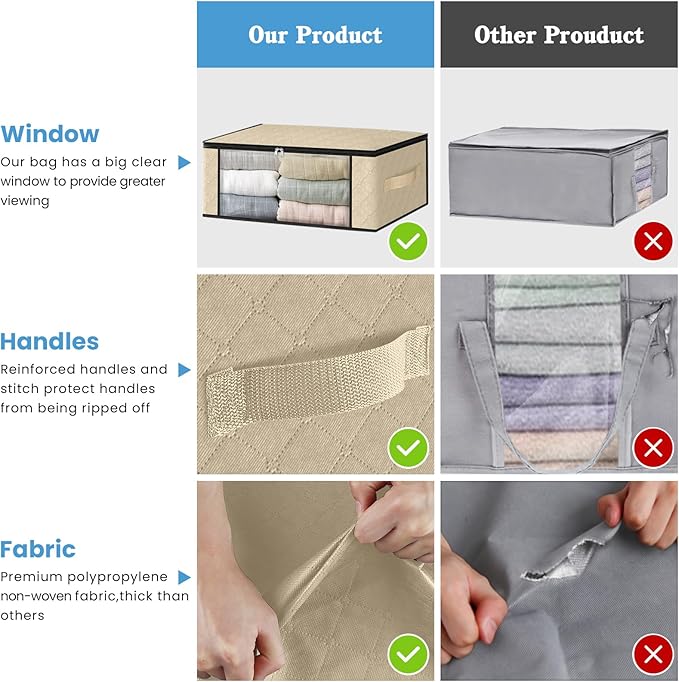 HomeHacks Storage 4-Pack Clothes Organizer Storage Bags Foldable Storage Box with Large Clear Window Sturdy Handles for Closet, Dorm, Pillows, Bedding, Clothes, Blankets, 35L, Beige