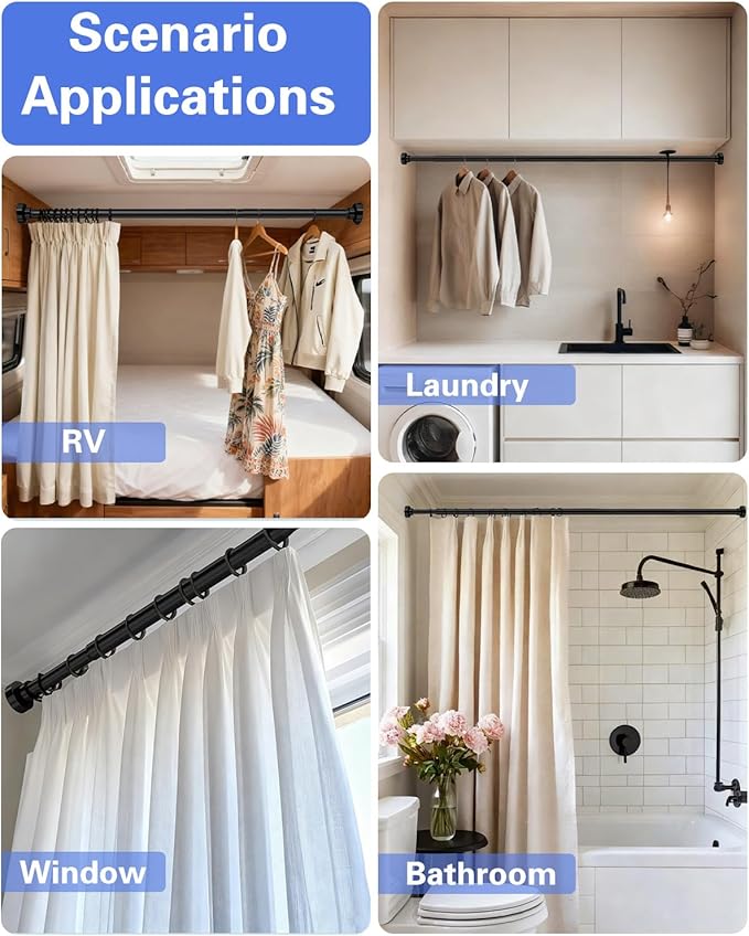 2 Pack No Drilling Closet Rods for Hanging Clothes, Non Slip Tension Rod with Heavy Duty Clothes Hanging Rod, 17-39 Inches Adjustable Spring Closet Rod for Closet Wardrobe Bathroom RV, Black