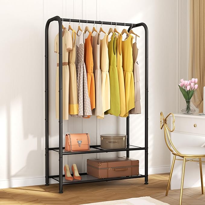 SINGAYE Coat Clothes Storage Organizer Garmen Rack Portable Closet Clothing Racks for Hanging Clothes Heavy Duty Freestanding Wardrobe Laundry with Shelves Black 11.5" D x 32" W x 72" H