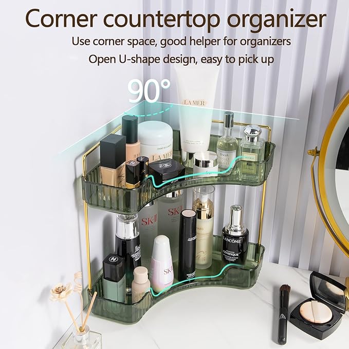 2-Tier Corner Bathroom Counter Organizer – Storage Shelf for Makeup, Perfume & Skincare, Space-Saving Countertop Tray Fits Bathroom, Dresser, Kitchen (Green)