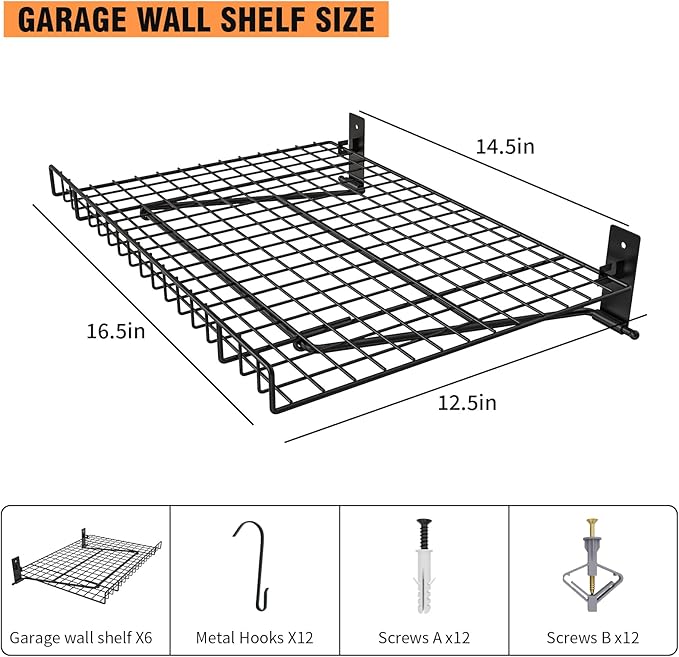 6 Pack Foldable Wall Shelf, Wall Mounted Garage Storage Shelves, Heavy Duty Wall Shelving Supports Up To 270 LBS. Floating Shelves With 12 Hooks Metal Storage Rack for Office, Kitchen and Laundry Room