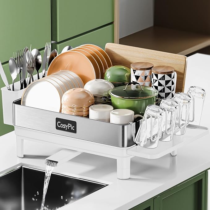 Dish Racks, Thicker Premium 304 Stainless Steel Dish Drying Rack for Kitchen Counter, Automatic Drainage Spout, Dish Drainer & Drainboard Set with Utensil Holder and Cup Holder, White