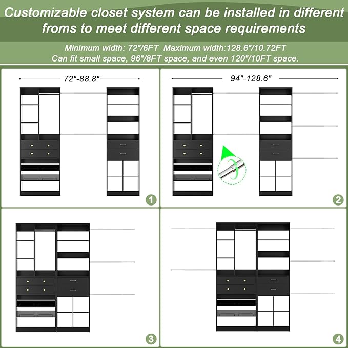 Closet System, Up to 128.6"/10.7 FT Closet Organizer with 4 Wooden Drawers and Shelves, Walk-in Closet System with 6 Hanging Rods, Built-in Closet Can Fit 96"/8FT, 120"/10FT, Black