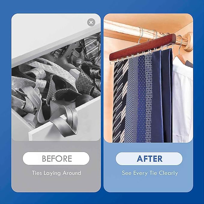 Tie Rack Hanger for Closet, Wooden Tie Hangers for Men with 18 Folding Hooks, Space Saving Tie Holder Neck Tie Organizer for Men Ties, Belts, Bras, Scarves, Tank Tops (Mahogany)