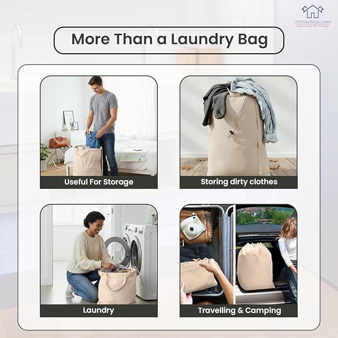 LFH Home Large Premium 100% Cotton Canvas Laundry Bag with Drawstring and Handles Heavy Duty, Multi-Use, and Washable for Home, Travel, College or Storage 28x40 (Pack of 4)-Natural