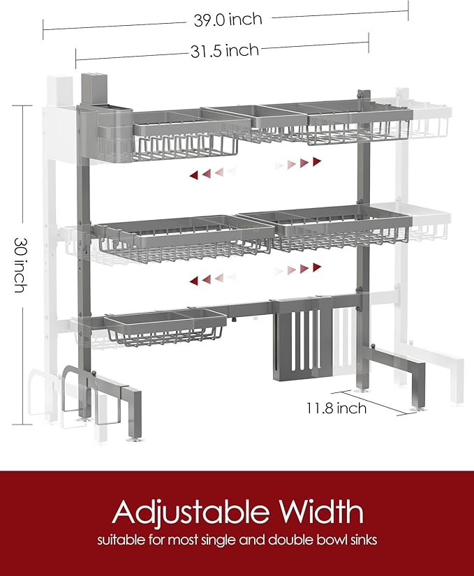 Dish Drying Rack - Over The Sink Dish Drainer Drying Rack with Utensil & Knife Holder, Hooks, Stainless Steel Kitchen Organizers and Storage Solution, 11.8" D x 31.5"~39.0''W x 30" H, Gray