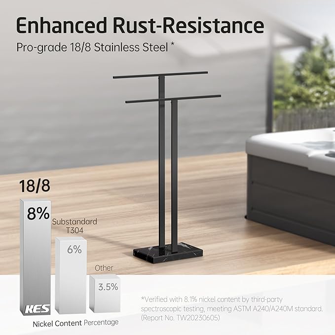 KES Standing Towel Rack with Black Natural Marble Base, 2-Tier Towel Rack Stand for Bathroom Floor, Bath Towel Holder Fits Bath Towel & Hand Towel,18/8 Stainless Steel, BTH217-BBK