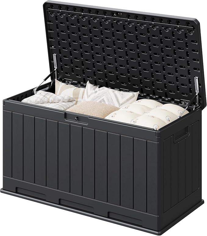 Greesum 90 Gallon HDPE Outdoor Storage Box - Waterproof, Large Capacity Deck Box for Patio, Yard, Garden Tools, Black