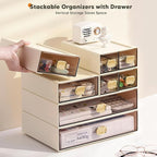 2PACK Stackable Desktop Storage Organizer Plastic Desk Organizer with Drawer Stacking Drawer for Home, Makeup, Vanity, Garage,Office, and Small Organization(M - 2 Drawer, Cream White)