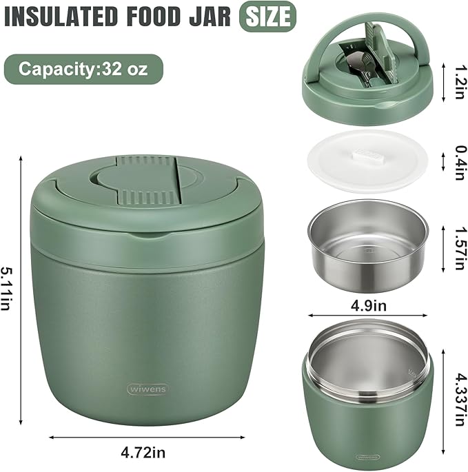 Thermo Food Jar for Hot Food Adults 32OZ Soup Thermo Lunch Containers Wide Mouth Vacuum Insulated Stainless Steel Leakproof Bento Box with Spoon (Green)