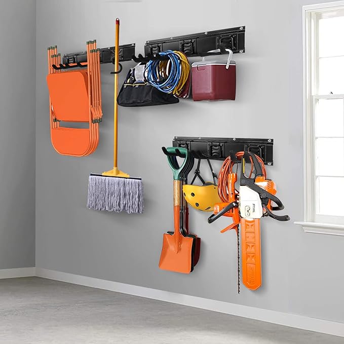 Garden Tool Storage Rack, Outdoor Power Tools Hangers for Garage Wall Organization with 6 assorted Multi-Purpose Hooks, Organizer Holders for Landscaping Equipment, Folding Chairs, Ladders etc.