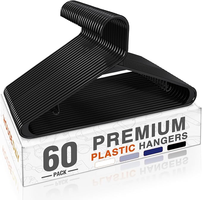 HOUSE DAY Black Plastic Hangers 60 Pack, Clothes Hangers with Non Slip Hooks, Durable & Space Saving Coat Hanger, Light-Weight Clothing Hanger, Perfect Closet Organizer for Everyday Use
