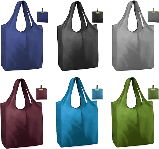 BeeGreen Reusable Bags Tote Bags for Women - 6 Pack Bulk Extra Large Reusable Gifts Bag with Handles - Heavy Duty Foldable Machine Washable Travel Grocery Bag Organizer (Packable Shopping Bags)