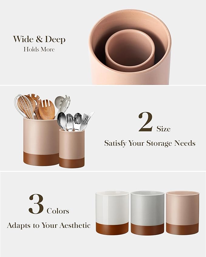 MALACASA Utensil Holder, 7.3"+5.5" Ceramic Kitchen Utensil Holder for Countertop, Large Cooking Utensil Crocks for Kitchen Counter, Farmhouse Utensils Organizer, Set of 2, Khaki Pink, Series TARA