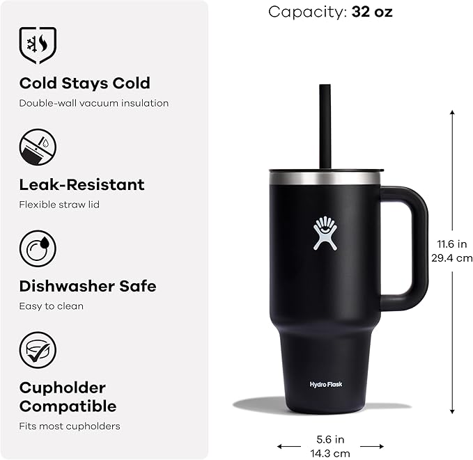 Hydro Flask Travel Tumbler with Handle, Lid and Straw - Insulated Stainless Steel in 32 Oz Tonal Agave Green