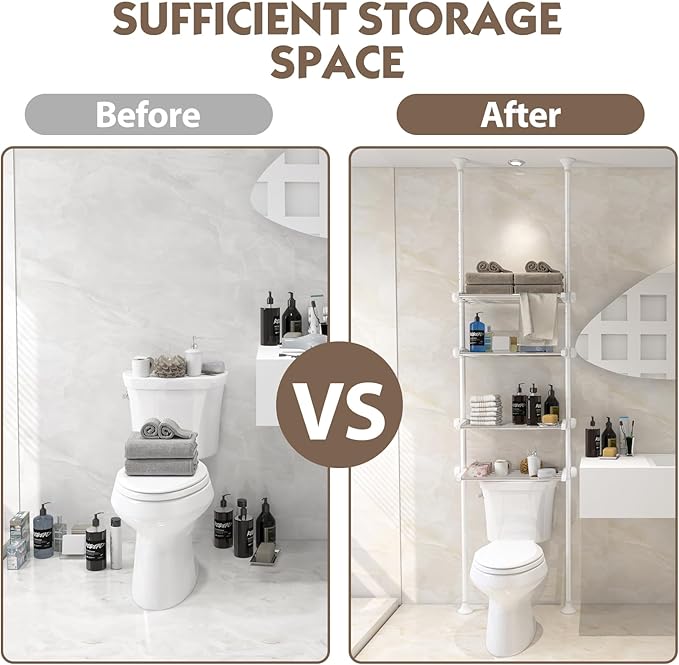 YeYeBest Over The Toilet Storage, Bathroom Organizer 4-Tier Adjustable Shelves for Small Room, Saver Space, 91 to 124 Inch Tall Stainless Steel White
