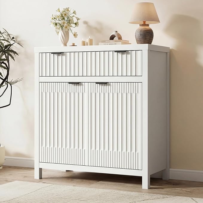 FLOWBACK Buffet Cabinet with Storage,Modern Credenza with Fluted Doors & Shelves Coffee Bar Media Console Accent Cabinets for Living Room, Entryway (White, 2 Door + 1 Drawer(2 Piece))