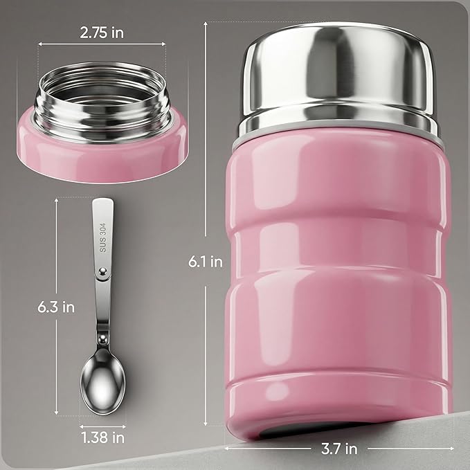 Earth&ME Stainless Steel Thermo For Hot Food 17OZ with Folding Spoon, Vacuum Insulated Food Container, Soup Thermo with Wide Mouth, Insulated Food Jar for Hot & Cold Food, Pink