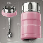 Earth&ME Stainless Steel Thermo For Hot Food 17OZ with Folding Spoon, Vacuum Insulated Food Container, Soup Thermo with Wide Mouth, Insulated Food Jar for Hot & Cold Food, Pink