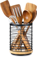 360° Rotating Utensil holder for Kitchen Counter 5.9 x 5.9 x 7.8 Large Round Utensils Holder with Wooden Base Matte Black Cooking Utensil Holder，Kitchen countertop Utensil Organizer