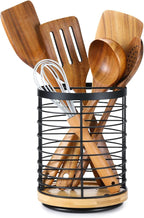 360° Rotating Utensil holder for Kitchen Counter 5.9 x 5.9 x 7.8 Large Round Utensils Holder with Wooden Base Matte Black Cooking Utensil Holder，Kitchen countertop Utensil Organizer