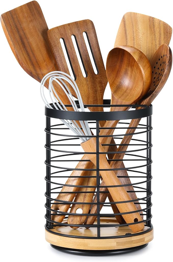 360° Rotating Utensil holder for Kitchen Counter 5.9 x 5.9 x 7.8 Large Round Utensils Holder with Wooden Base Matte Black Cooking Utensil Holder，Kitchen countertop Utensil Organizer