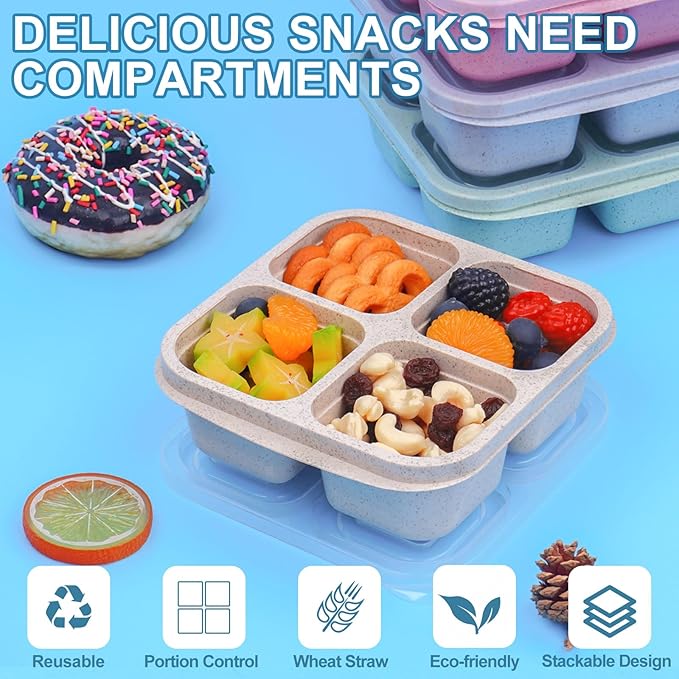 4 Pack Snack Containers, 4 Compartment Snackle Box Container, Reusable Meal Prep Lunchable Container, Microwave Dishwasher Safe, Divided Food Storage Containers for Work Travel (Pink)