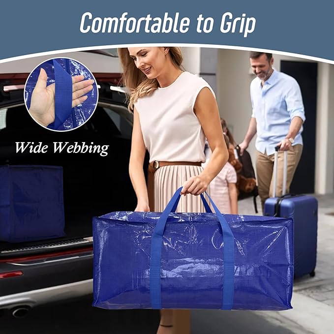 12 Pack Extra Heavy Duty Large Moving Bags with Strong Zipper & Comfortable Handles, Sturdy & Durable Clothes Storage Bags Totes Bins, Packing Moving Boxes for College Supplies, Blue