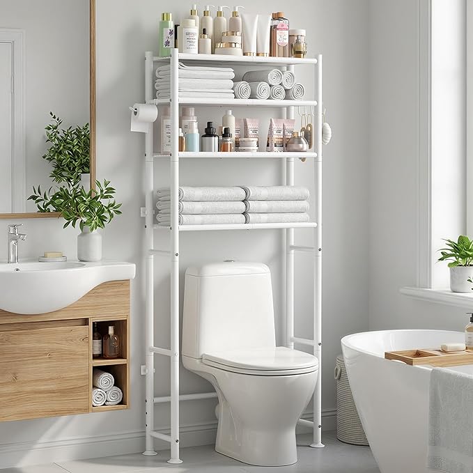 4-Tier Over The Toilet Storage, 200lb Total Capacity Metal Bathroom Organizer with 36" Clearance, Includes Paper Holder & 4 Hooks, Space Saving Rack for Bathroom Laundry Room (64" H, White)