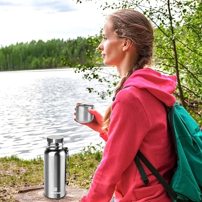Insulated vacuum Thermo Bottle 500ml/16.9oz with cup Stainless steel coffee bottles for hot and cold drink water flask.(Silver,500ml)