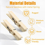 Natural Bamboo Clothespins 80-Pack Wooden Clothes Pins with Spring, 2.4 Inch Heavy Duty Rust Resistant Clips for Laundry, Crafts, Kitchen & Home Organization