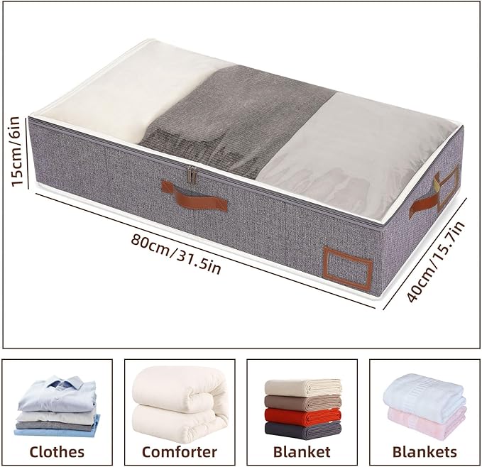 Yawinhe Under Bed Storage Containers, 4 Pack, Bin with Lids, Collapsible Closet Organizers, with Sorting Card Slot and 4 Leather Handles, for Blanket, Bedding, 31.5''Lx15.7''Wx6''H, Grey