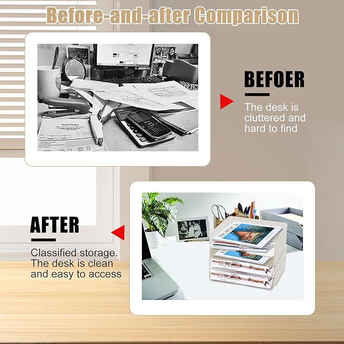 4 Tier Desk Organizer, Stackable Paper Tray Organizer for Document, Letter, A4 File Paper, Desk Accessories, Notes, Pens (White, 4 Pack)