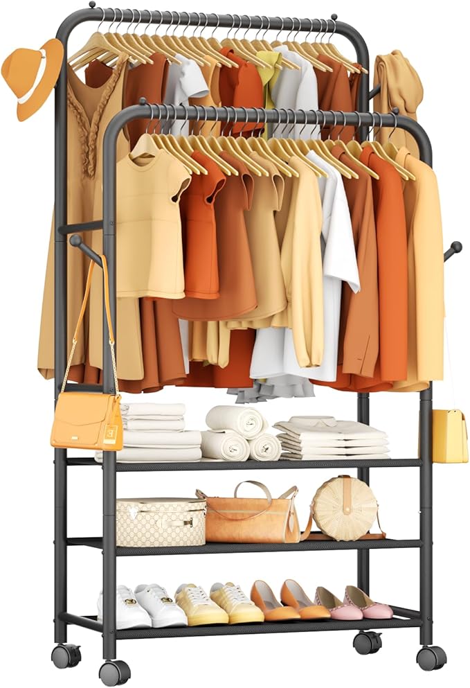 Furologee Clothes Racks for Hanging Clothes, Portable Rolling Garment Rack, Sturdy Metal Freestanding Cloths Racks with Wheels, Double Rods Wardrobe Rack for Bedroom Laundry Living Room