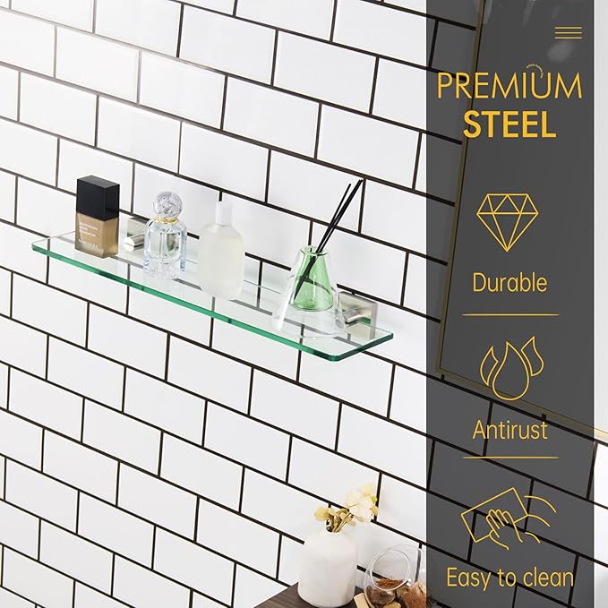 KOKOSIRI Floating Shelves Wall Mount 20-Inch Bathroom Tempered Glass Shelf Shower Storage Kitchen Rack, 2 Pack Brushed Stainless Steel B1107BR-L20-P2