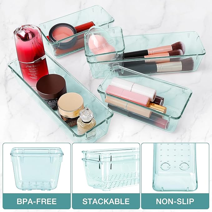 13 PCS Drawer Organizer Set, 5 Varied Size Bathroom and kitchen Drawer cabinet organizer Trays, Clear Storage Bins for Makeup, Jewelry, Utensils and Gadgets