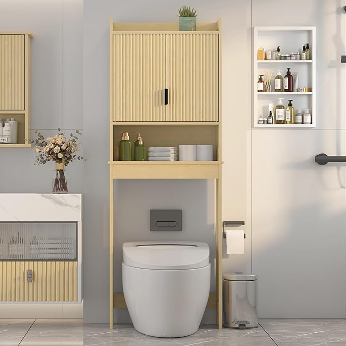 Over The Toilet Storage Cabinet,Behind Toilet Bathroom Organizer with Anti-tip,Space-Saving Toilet Shelf with Storage,Stylish Wave Pattern & Hidden Handle,Bathroom Shelf for Restroom/Laundry